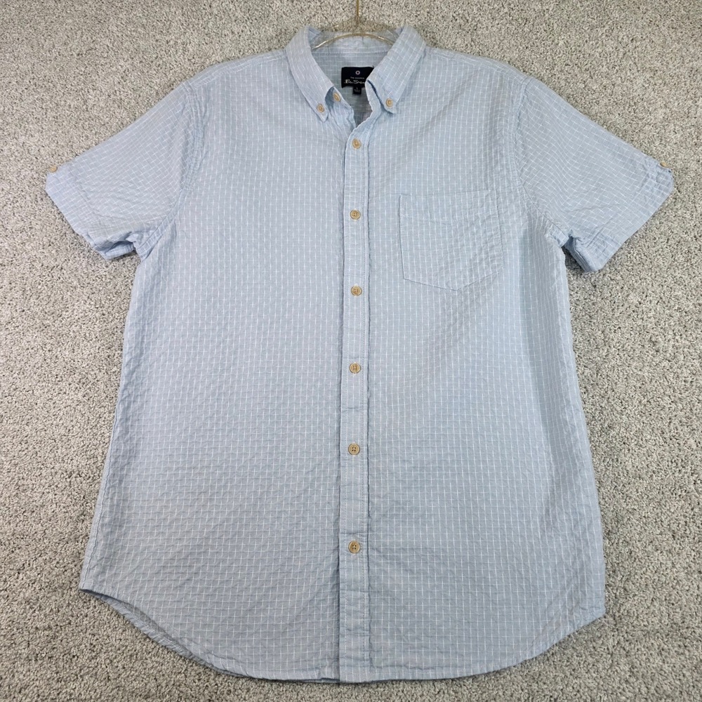 Ben Sherman Men L Short Sleeve Button Down Shirt Light Blue Grid Seersucker